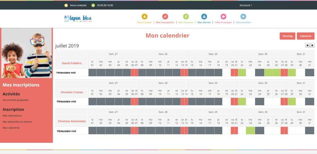 application logiciel portail familles calendrier des inscriptions activités